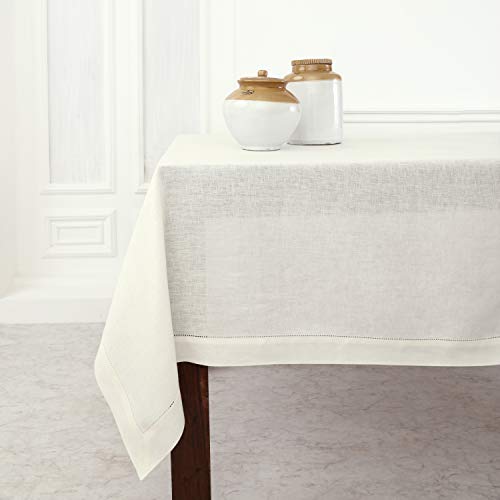 Solino Home 100% Pure Linen Tablecloth Ivory, Classic Hemstitch 60 x 108 in - Classic Hemstitch Table Cloth For Fall, Thanksgiving Dining, Table Setting, Home Decor, Indoor & Outdoor Use, Party, Gifting