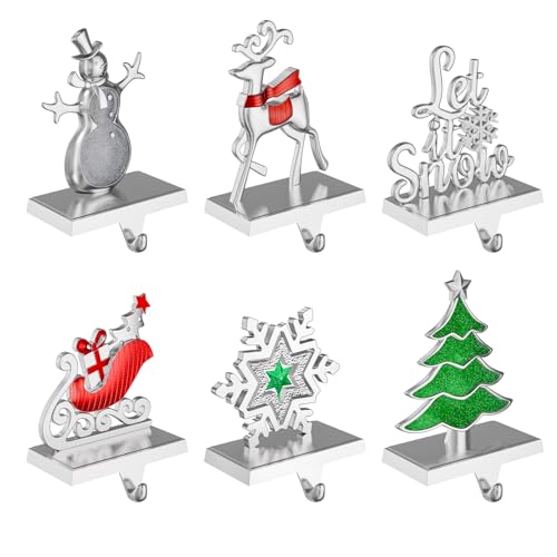 Christmas Stocking Holders for Mantle, 3D Rotating Snowflake Stocking Hangers, Sturdy Snowflake Santa Deer Tree Stocking Hangers Christmas Ornaments for Tables Window Fireplace Home Decoration (6)