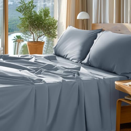 "SONORO KATE 100% Egyptian Cotton Sheets Set - 1000 High Thread Count, Luxury 5-Star Hotel Sateen Bed Sheets, Soft, Breathable Long Staple Sheets, Fit up to 16"" - 4 PC (French Blue,Queen)"