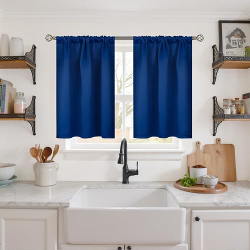 BGment Royal Blue Blackout Kitchen Curtains 36 Inch Length - Small Drapes with Rod Pocket Privacy Darkening for Bathroom Cafe Window Over Sink, 2 Panels, 34 X 36 Inch