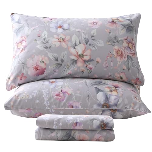"QSH Gray Floral Egyptian Cotton Sheets King Size,Luxury Silk Feel Botanical Flowers Pattern Printed Bed Sheets Sets King Size Aesthetic Soft and Breathable 17.5"" Deep Pockets Bedding Sheets 4pcs"