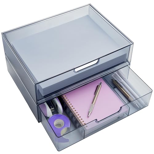 "STORi STAX Plastic Stackable Organizer Drawers (Set of 2) Classic Grey - 12.5"" Wide - Set Includes One Open Drawer & One Divided Drawer - Organize Office Desk Accessories & Sort Paper - Made in USA"