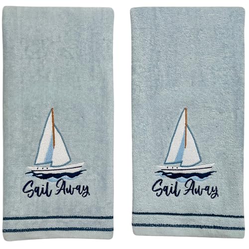 Serafina Home Coastal Bathroom Hand Towel - Set of 2 100% Cotton Light Blue Embroidered Sailboat Sail Away Design - 16 x 25 Bath & Kitchen Decor