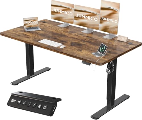 JUMMICO 160x70cm Electric Standing Desk with USB Charging Height Adjustable Desk with Sedentary Reminder Stand Up Desk with Splice Board for Home Office,Rustic Brown