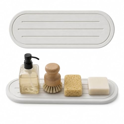 "Razborci 2PCS Water Absorbing Stone Drying Tray Mat for Bathroom Sink & Kitchen Counter Faucet Organizer Decor, Quick Dry Dish Soap Dispenser Sponge Holder, Vanity Sink Caddy Coaster,White -10""*3.8"""