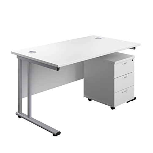 Office Hippo Professional Cantilever Office Desk With 3 Drawer Mobile Pedestal, Wood, White, Silver Frame, 140 x 80 x 73 cm
