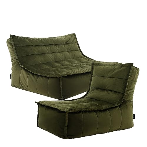 icon Kota Velvet Bean Bag Sofa and Dolce Chair, Olive Green, 2 Seater Bonless Sofa, Large Adult Bean Bag with Filling Included, Living Room, Living Room Furniture