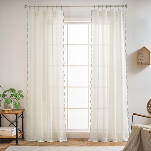 DriftAway Semi Sheer Scalloped Edge Linen Coastal Beach Window Curtains for Living Room Bedroom 2 Panels Rod Pocket Each Size 52 Inch by 96 Inch Gray