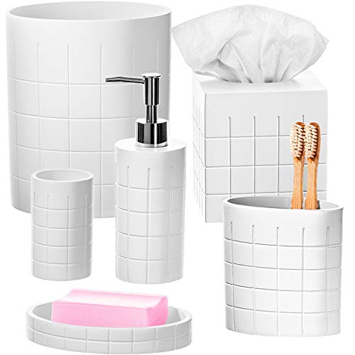 Creative Scents White Bathroom Accessory Set - 6 Piece Bathroom Set Collection Features: Soap Dispenser, Toothbrush Holder, Tumbler, Soap Dish, Square Tissue Cover and Wastebasket (Polar Collection)