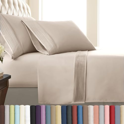 Southshore Fine Living, Inc. Hotel Style Pleated 21 Inch Deep Pocket California King Sheet Set, 4 Piece Beige Microfiber Sheets Fade & Wrinkle Resistant, Oversized Flat, 2 Pillow Cases - Natural Beige