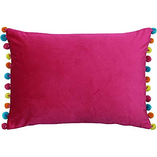 "Riva Paoletti Fiesta Rectangular Filled Cushion Multicoloured Pompom Edges-Soft Velvet Fabric-Discreet Zip Closure-100 Case (14"" x 20"" inches), Polyester, Hot Pink/Multi, 35 x 50cm"