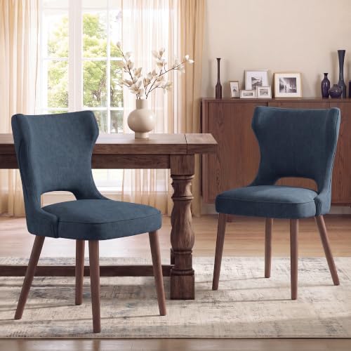 MALOL Upholstered Dining Chairs Set of 2, Dining Room Chairs with Hollow Backrest, High Back Kitchen Chairs with Solid Wood Legs, Thick Seat Cushion, Anti-Slip Pads, Dark Blue