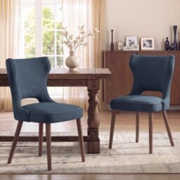 MALOL Upholstered Dining Chairs Set of 2, Dining Room Chairs with Hollow Backrest, High Back Kitchen Chairs with Solid Wood Legs, Thick Seat Cushion, Anti-Slip Pads, Dark Blue