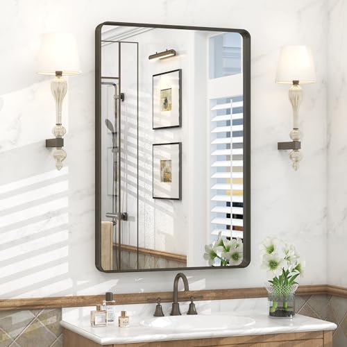 VANLIO 24x36 Inch Bronze Framed Bathroom Mirror, Rectangle Brushed Bronze Metal Vanity Mirror, Small Modern Wall Mirror, Rounded Corner, Tempered Glass, Anti-Rust, Shatterproof (Horizontal/Vertical)