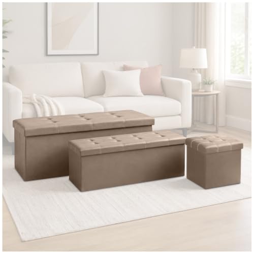 GC GAVENO CAVAILIA Leather Ottoman Storage Box Large With Lids, Natural - Faux Leather Fabric Folding Ottoman Storage Bench 76x38x38 cm - Toy Chest Storage Box For Bedroom, Hallway, Entryway