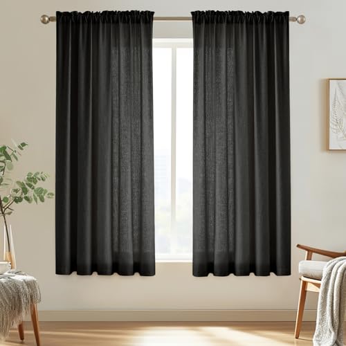 "Melodieux Black Semi Sheer Curtains 63 Inch Length for Bedroom Living Room, Farmhouse Linen Texture Light Filtering Home Office Shiny Sheer Drapes Rod Pocket, 52"" W x 63"" L, 2 Panels"