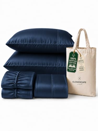 CLOUDSCAPE LINEN 100% Egyptian Cotton Split King Sheet Set for Adjustable Bed, 5 Pcs Bedding Set, 400 Thread Count,Hotel Quality, Soft, Breathable and Durable, Deep Pockets up to 17, Dark Denim