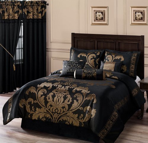 Chezmoi Collection Royale 7-Piece Jacquard Floral Comforter Bedding Set, Oversized Queen, Black/Gold