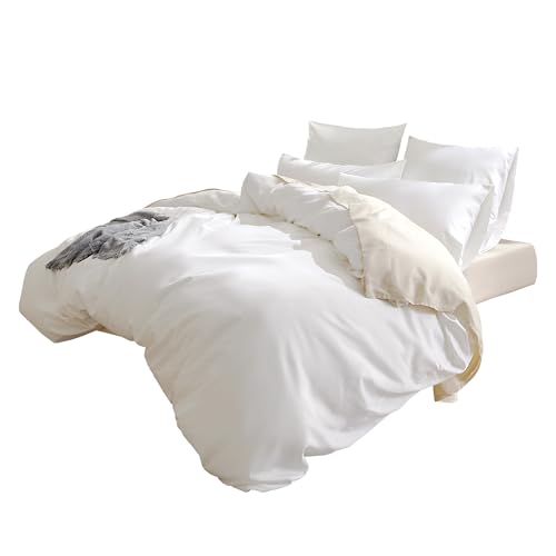 Sonive 100% Cotton King Size Duvet Cover Set with Pillowcases White,Hotel Quality Quilt Cover Bedding Sets 155 x 220 cm, 2 pillowcases 80 x 80 cm, White, Lightweight, Breathable,Soft Bed Covers