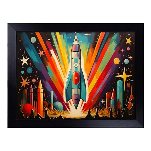 Lap Tray with Bean Bag Cushion, Rocket Art Deco - Handmade in the UK, Raised Wooden Edge, Padded Cushion, Heat-Resistant Wipe-Clean Surface, for Meals, Laptops and Crafts