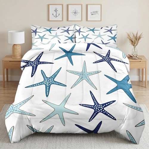 Pamnest Comforter Set Twin Size, Coastal Nautical Starfish Soft 2 Pcs Bedding for Kids and Adults, Navy Blue Turquoise Sea Comforter Set with Pillowcase, for Bedroom Bed Decor