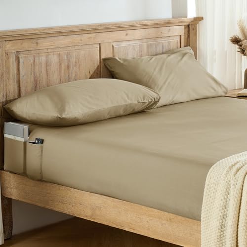 Entisn Pure Cotton Fitted Sheet, Side Pockets, Queen (Beige) - 400 Thread Count, 16-Inch Deep Pocket, Breathable Cotton, Side Storage Pockets, Machine Washable