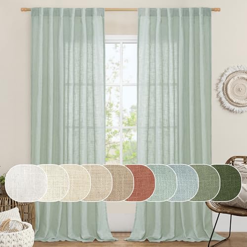 LAMIT Light Sage Linen Sheer Curtains for Bedroom, Faux Linen Textured Light Filtering Drapes Back Tab and Rod Pocket Boho Burlap Panels for Farmhouse/Living Room, 2 Panels, 52 x 84 Inch