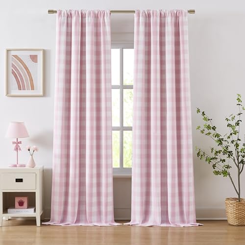 Bapawfish 90 Inch Pink White Buffalo Plaid Full Blackout Curtains - Farmhouse Buffalo Check Drapes for Bedroom Living Room,Thermal Insulated Window Treatment,Rod Pocket Back Tabs,Pack of 2