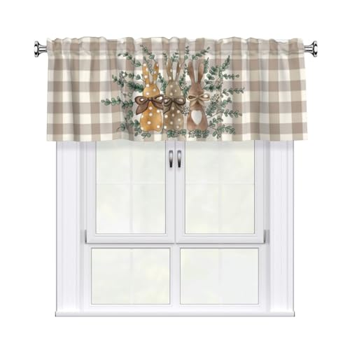 DZGlobal Easter Valances for Windows - Bunny Cafe Curtains Buffalo Plaid Farmhouse Short Curtains for Living Room Bathroom Bedroom Basement