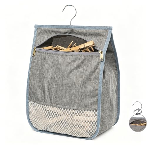 Admygo Peg Bag for Washing Line, Large 30 x 23 cm Clothes Peg Bag with Hook & 360?? Rotation, Durable Peg Basket with Zipper, Washable Hanging Storage for Pegs Indoor Outdoor (Grey)