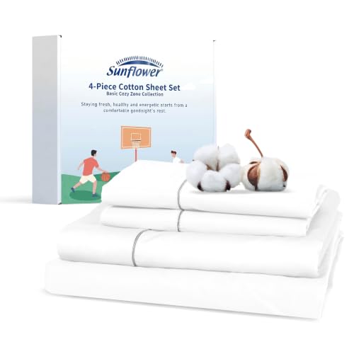 "sunflower 4 Piece Queen Sheets Deep Pocket, 100% Cotton Sheet Set, 22"" Extra Deep Pocket Queen Bed Sheets, Soft&Breathable Silver Trim, White"
