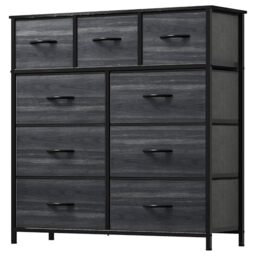 YITAHOME Wide Chest of Drawers with 9 Drawers, Fabric Dressers with Easy Pull Handle,Sturdy Steel Frame,Storage Drawers for Bedroom, Closet, Clothes,Charcoal Black Wood Grain