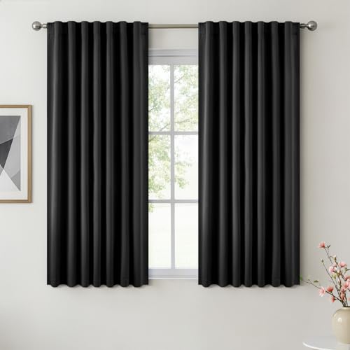 ANRODUO Black Back Tab Blackout Curtains 45 Inch Long 2 Panels - Rod Pocket,Thermal Insulated Room Darkening Light Blocking Curtains for Living Room Bedroom Privacy,W42xL45
