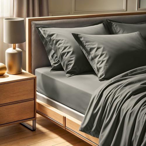 Premium Dark Grey Ranforce Single Fitted Sheet, 100% Cotton, 100 x 200 + 30 cm, 155 Thread Count - Machine Washable at 30°C - Soft & Durable Bedding