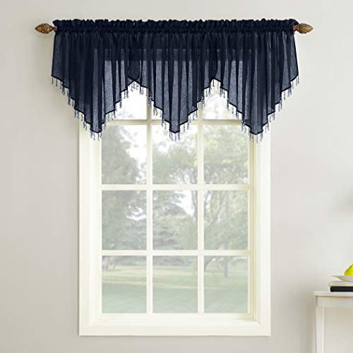"No. 918 Erica Crushed Voile Ascot Beaded Sheer Rod Pocket Curtain Set, 153"" x 24"", Navy"