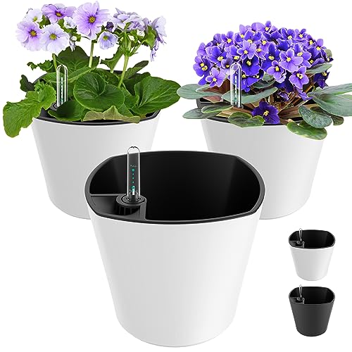 "7"" Round Self-Watering Pots for Indoor Plants Flower Pot with Water Level Indicator White 3 Pack African Violet Self Watering Planters for All Orchid Aloe Herb House Plant Planting Plastic Planter"