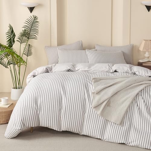 King Grey Duvet Cover Striped Washed Microfiber Jacquard 3 Pieces Bedding Set, Grey White Vertical Ticking Stripes Pattern Comforter Cover with Zipper Closure Breathable Durable Soft Comfy