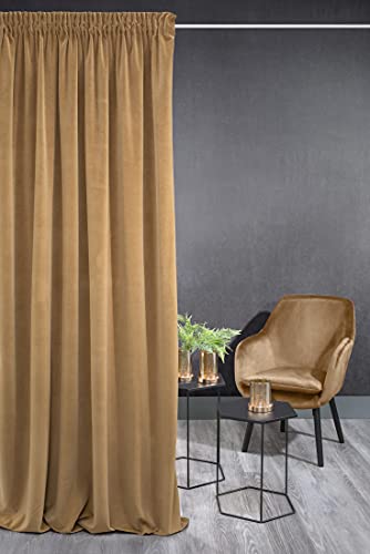 Eurofirany KRISTI Velvet Curtain with Rufflette Tape - 1 pc. Thermal Curtain, Blackout Curtain for Bedroom Living Room Dining Room, Density 330g/m², W55 x L106, Honey