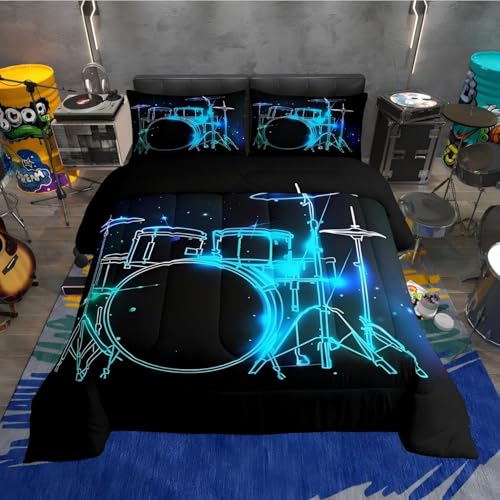 Drum Bedding Set, Abstract Musical Instruments Comforter Set for Kids Teens, Pop Music Duvet Cover, Modern Rock Quilt, Teal, Laser Light, Bedroom Decor, Full Size,