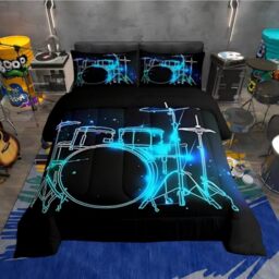 Drum Bedding Set, Abstract Musical Instruments Comforter Set for Kids Teens, Pop Music Duvet Cover, Modern Rock Quilt, Teal, Laser Light, Bedroom Decor, Full Size,