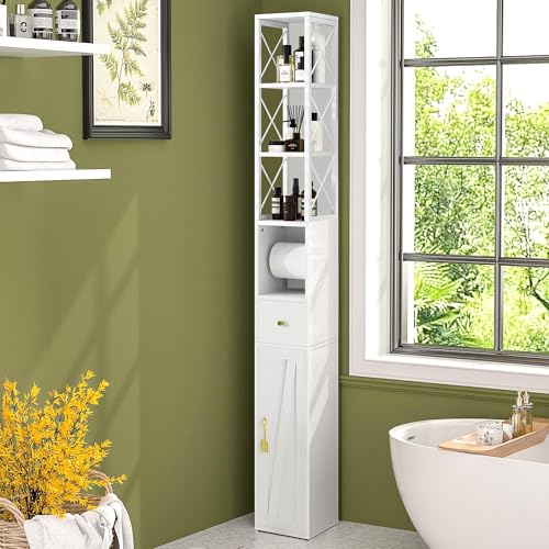 VECELO 170cm Tall Bathroom Storage Cabinet, Freestanding Slim Storage Unit with Open Shelves, Door Cupboards, Drawer and Toilet Paper Scroll for Small Space, Living Room, Bedroom
