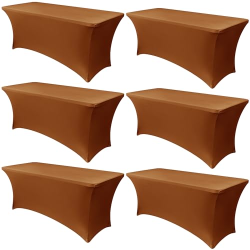Obstal 6 Pack Stretch Spandex Table Covers for 6 Foot Tables - 6 FT Universal Rectangular Fitted Tablecloth Protector for Wedding, Banquet, Party, 72 Length x 30 Width x 30 Height Inches, Light Coffee