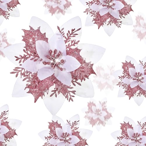 Geosar 24 Christmas Glitter Artificial Poinsettia Flowers Xmas Poinsettia Artificial Wedding Flowers Decorations Xmas Tree Ornaments with Clips for Party Favors, 6 Inch, 4 Inch, 3 Inch (White Pink)
