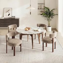 COLAMY Wooden Dining Chairs Set of 4, Velvet Fabric Chairs for Dining Room with Open Curved Backrest and Thick Seat Cushion, Upholstered Kitchen Chair with Anti-Slip Pads, Khaki
