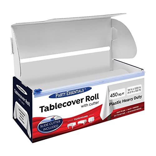 "Party Essentials Heavy Duty Plastic Banquet Table Roll Available in 27 Colors, 54"" x 100' with Slide Cutter, White, (100WH)"