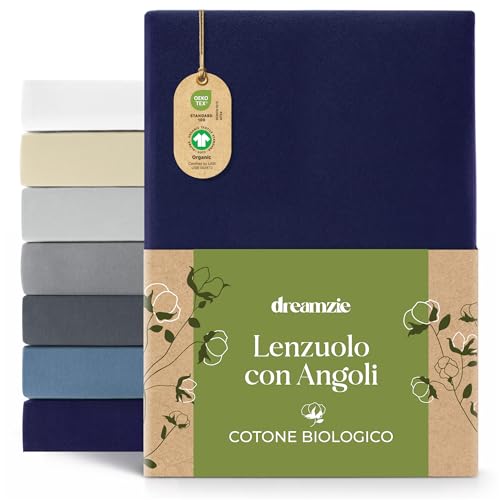 Dreamzie Fitted Sheet 70 x 200 cm, Jersey 100% Organic Cotton, Mattress Height up to 12 cm, Hypoallergenic, Oeko-Tex Dark Blue