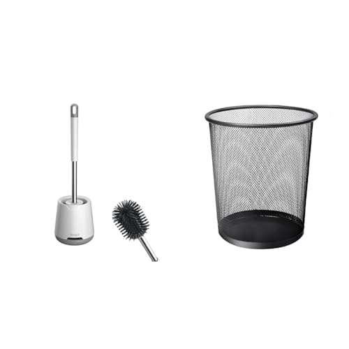 Ibergrif M34152 Silicone Toilet Brushes & Holders, Deep Cleaner, Toilet Brush with Quick Drying Holder Set & KEPLIN Round Trash Can - 1 Pack Black Non-slip Mesh Bin, Stylish