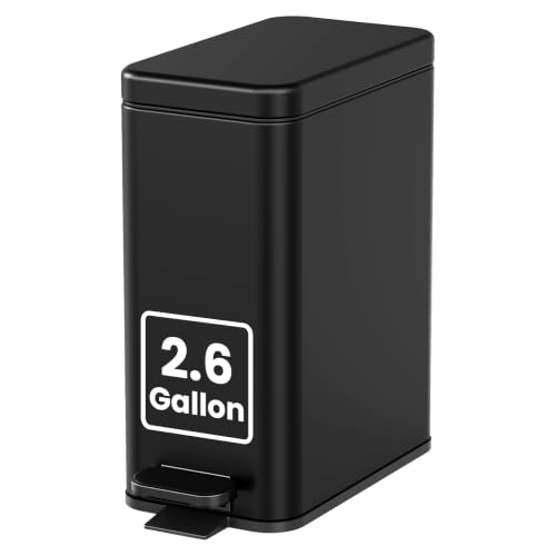 Cesun Bathroom Trash Can with Lid, 2.6 Gallon Small Black Bathroom Garbage Can Soft Close, Stainless Steel Waste Basket with Step Pedal for Bedroom, Laundry Room, Living Room, Home Office, Toilet, RV