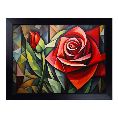 Lap Tray with Bean Bag Cushion, Rose Cubism - Handmade in the UK, Raised Wooden Edge, Padded Cushion, Heat-Resistant Wipe-Clean Surface, for Meals, Laptops and Crafts