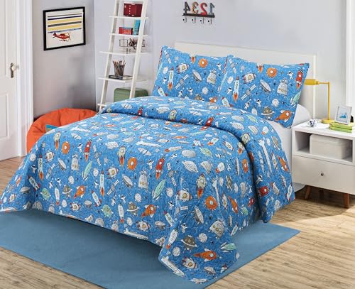 Kids Zone Collection Space Theme Kids/Teens Quilt Bedding Set, Rocket Ships and Astronauts Pattern, Blue Twin New # Rocket